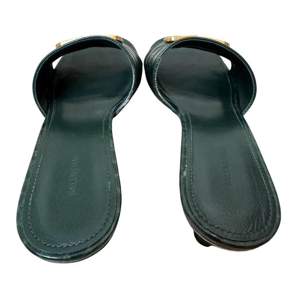 Balenciaga Groupie BB Sandal in Green Croc-Embossed Calfskin leather Size 37.5